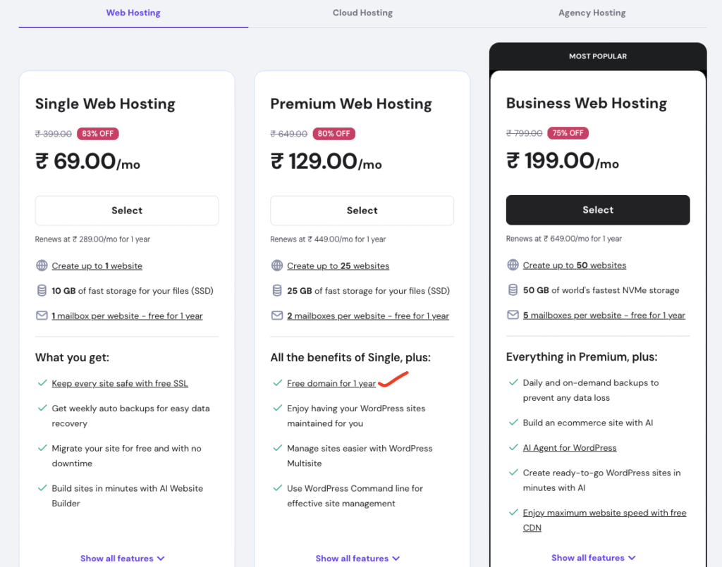 Hostinger web hosting plans